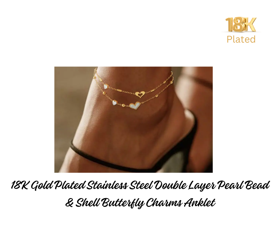 Anklet - 18K Gold Plated Stainless Steel Hypoallergenic Double Strand Heart, Shell & Cubic Zirconia