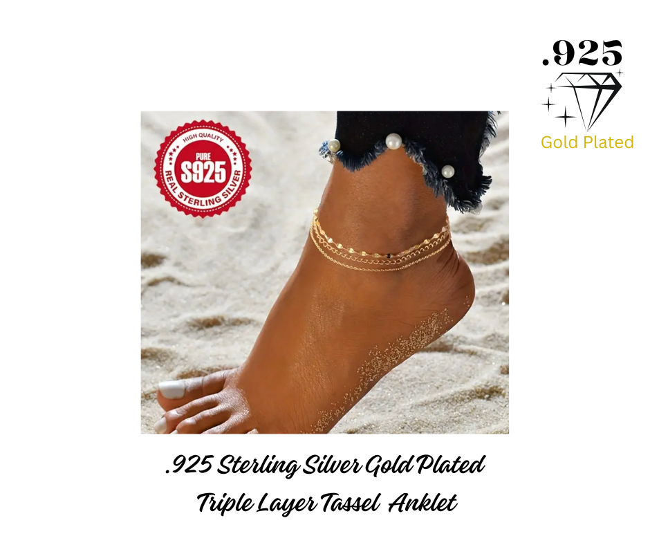Anklet - .925 Gold Plated Triple Layer Tassel