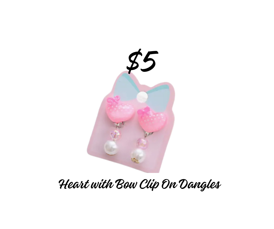 Clip on Earrings - Heart with Bow Dangles