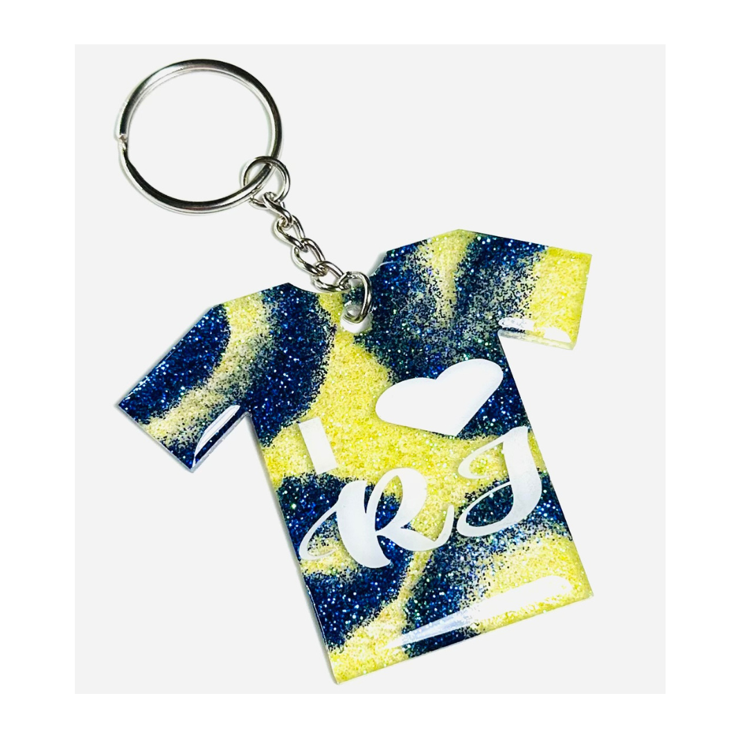 Handmade - Keychain - Resin Small Jersey - Yellow Blue Keychain with White Vinyl Lettering