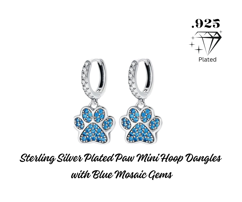 Earrings - Mini Hoop Dangles - .925 Sterling Silver Plated Paw Print with Blue Gem Mosaic