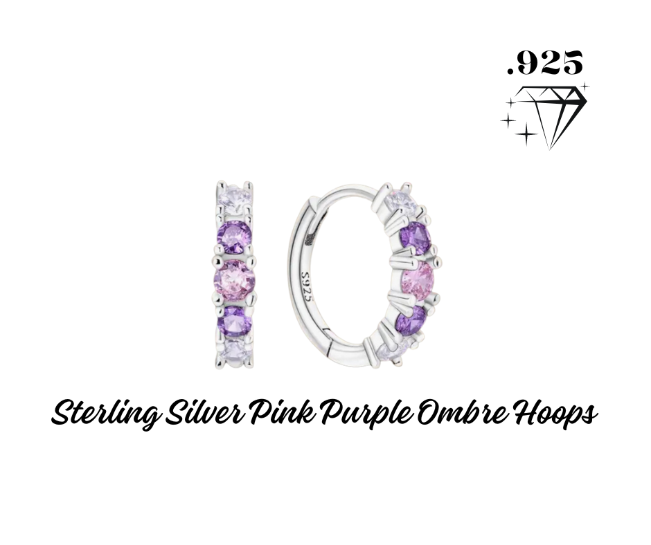 Earrings - Hoops - .925 Sterling Silver Pink Purple Ombre with Zircon