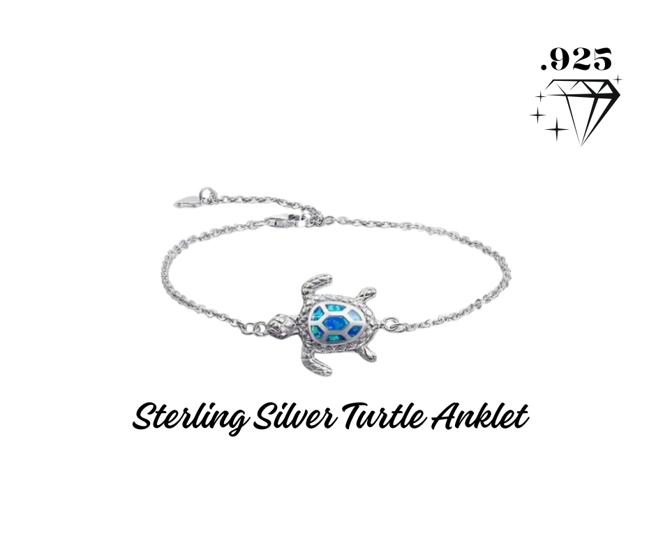 Anklet - .925 Sterling Silver with Blue/White Opal Turtle