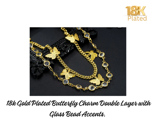 Anklet - 18k Gold Plated Butterfly Charm Double Layer with Glass Bead Accents