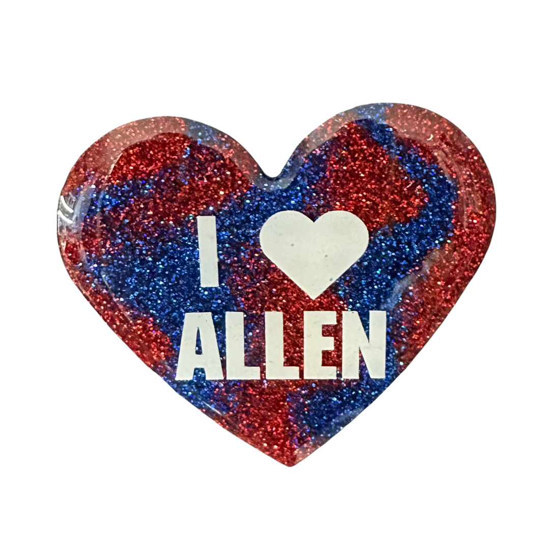 Handmade - Magnet - Resin Heart - Red Blue Magnet with White Vinyl Lettering - I Love (Player Name)