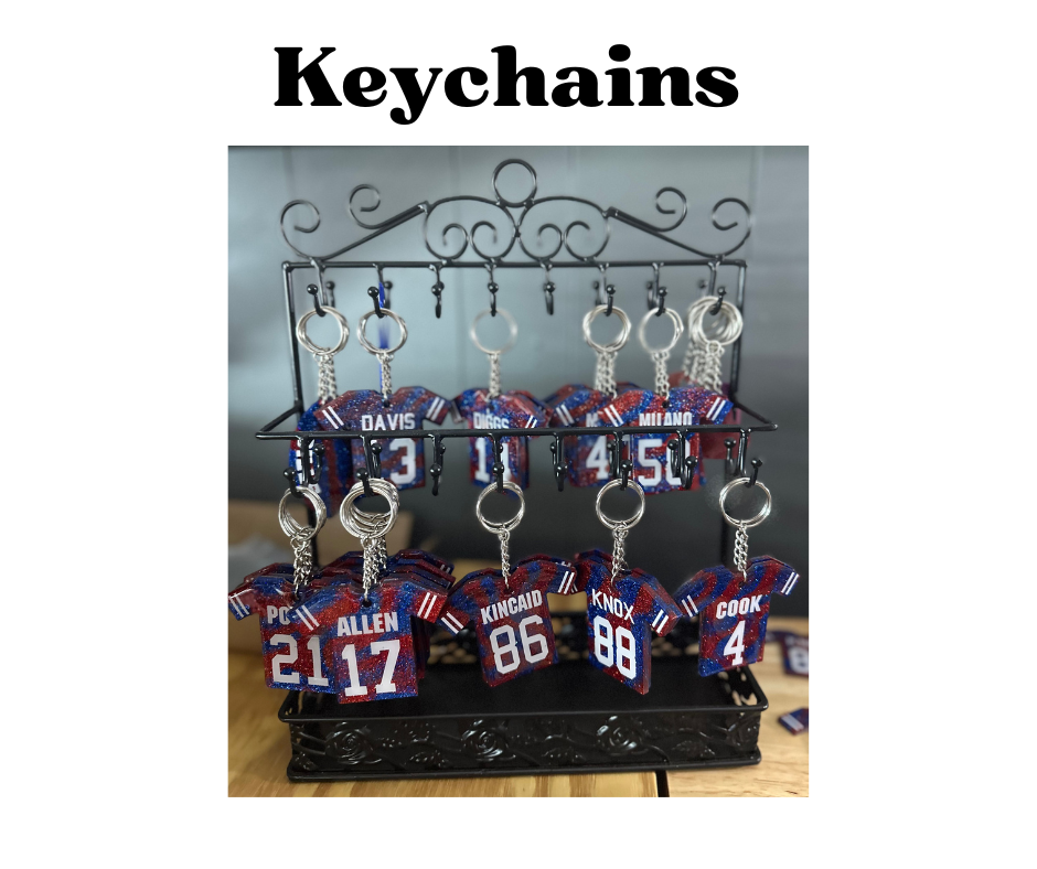 Handmade - Keychain - Resin Small Jersey - Red Blue Keychain with White Vinyl Lettering