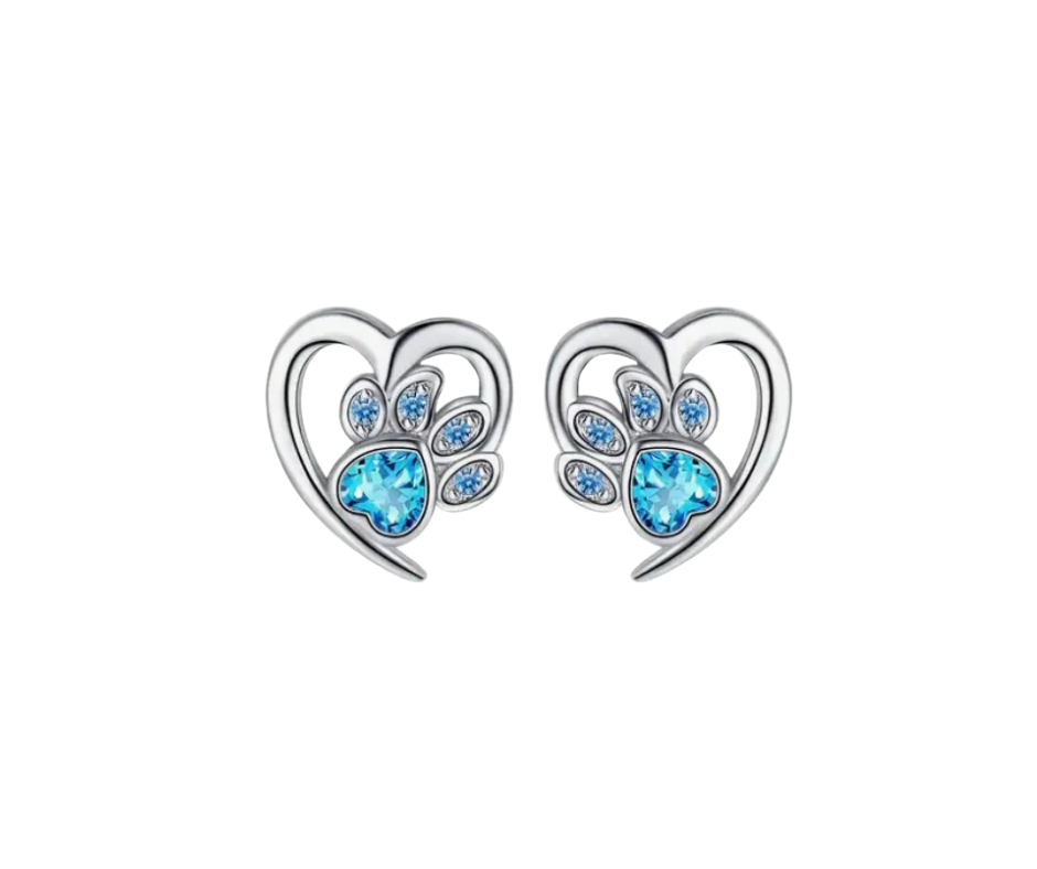Earrings - Studs - .925 Sterling Silver Paw Print with Hollow Heart with Zircon - Hypoallergenic