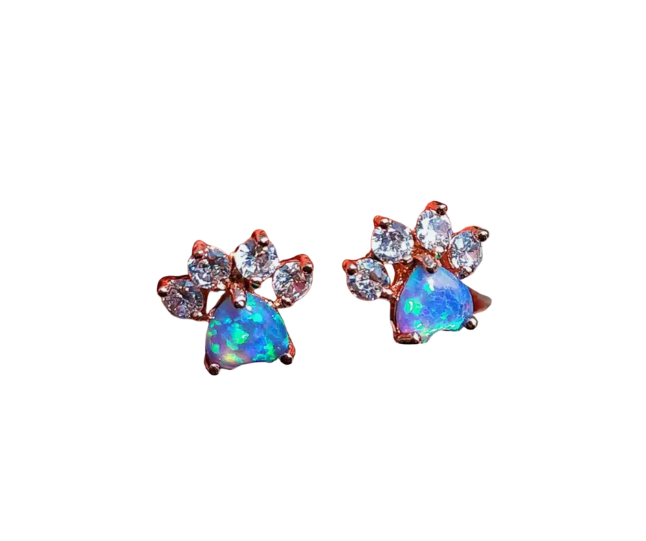 Earrings - Studs - .925 Sterling Silver Paw Print Opal Studs