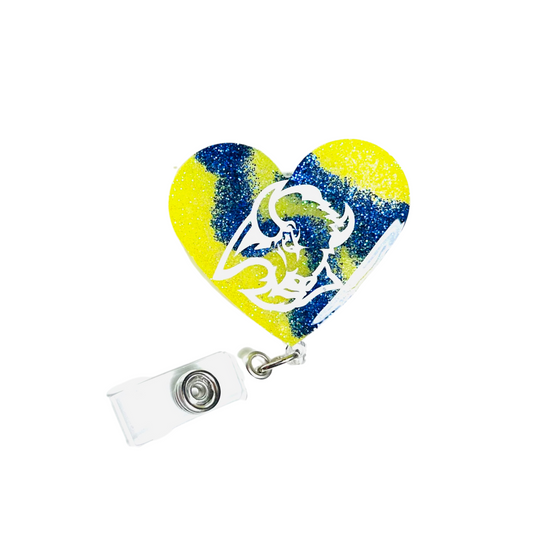 Handmade - Badge Holder Resin Heart - Yellow Blue with White Vinyl Logo/Lettering