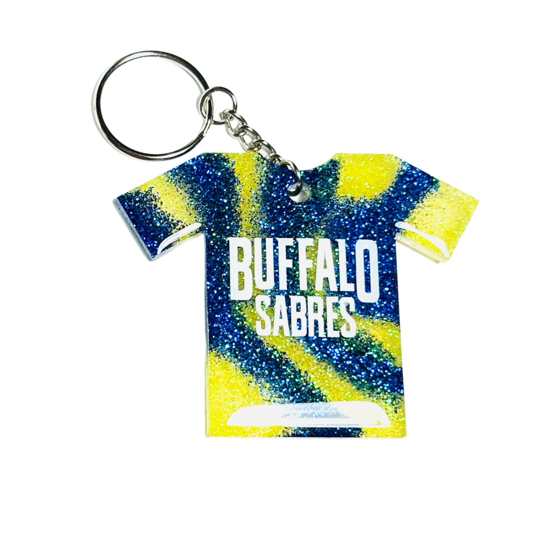 Handmade - Keychain - Resin Small Jersey - Yellow Blue Keychain with White Vinyl Lettering