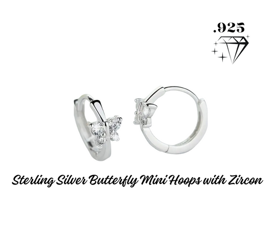 Earrings - Mini Hoop - .925 Sterling Silver Butterfly Hoops with Zircon - Hypoallergenic