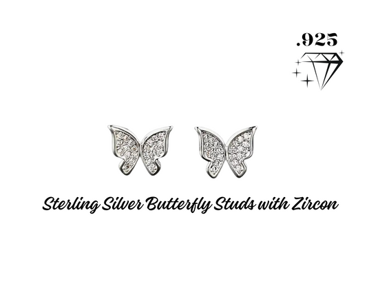 Earrings - Studs - .925 Sterling Silver Butterflies with Zircon - Hypoallergenic