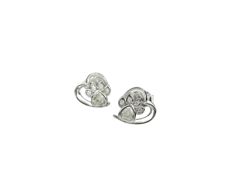 Earrings - Studs - .925 Sterling Silver Paw Print with Hollow Heart with Zircon - Hypoallergenic
