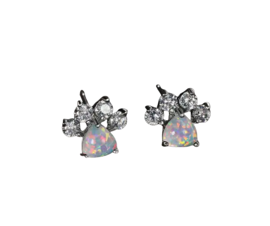 Earrings - Studs - .925 Sterling Silver Paw Print Opal Studs