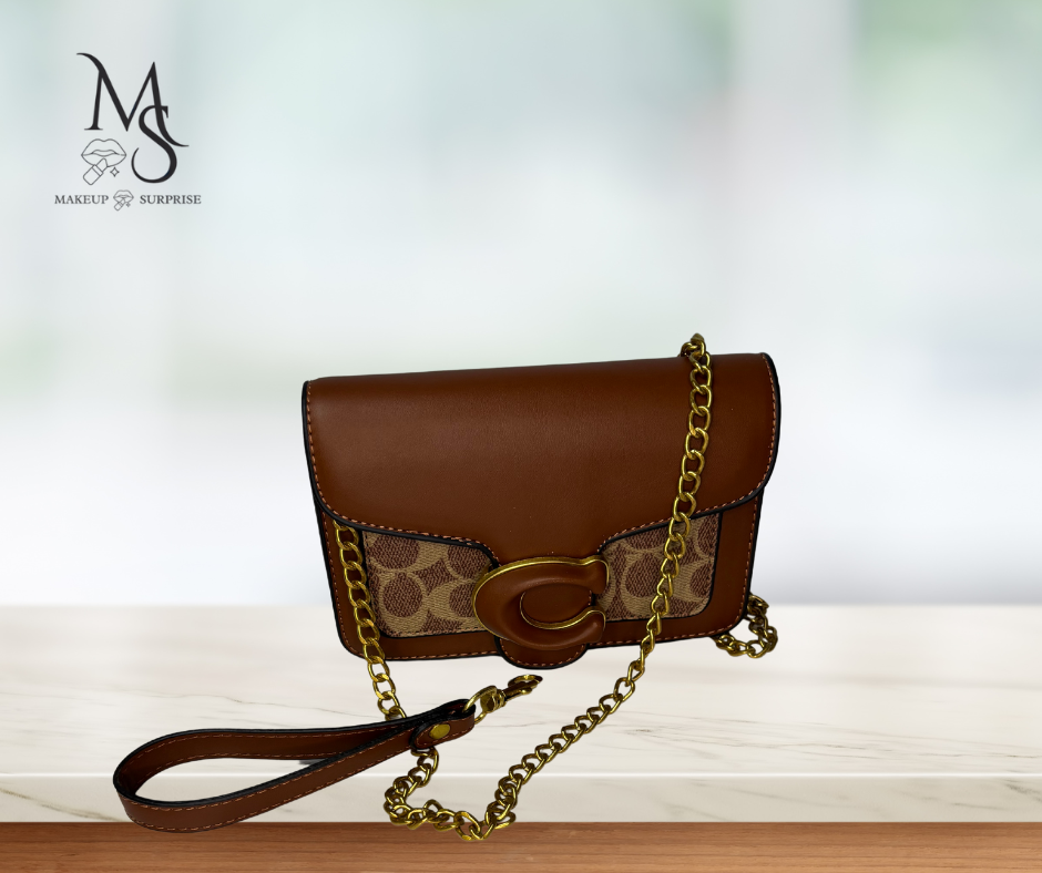 Purse - Brown/Tan Luxury Designer Inspired Mini C with Antique Gold Embellishments Leather and Chambray