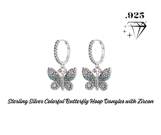 Earrings - Hoop Dangles - .925 Sterling Silver Colorful Butterfly with Zircon CZ