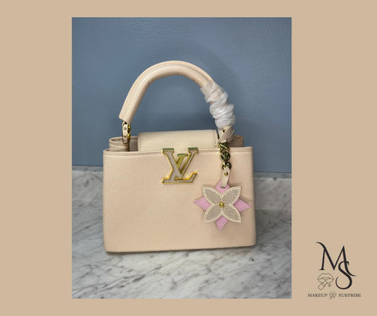 Purse - Cream Luxury Designer Inspired LV Leather with Gold Embellishments