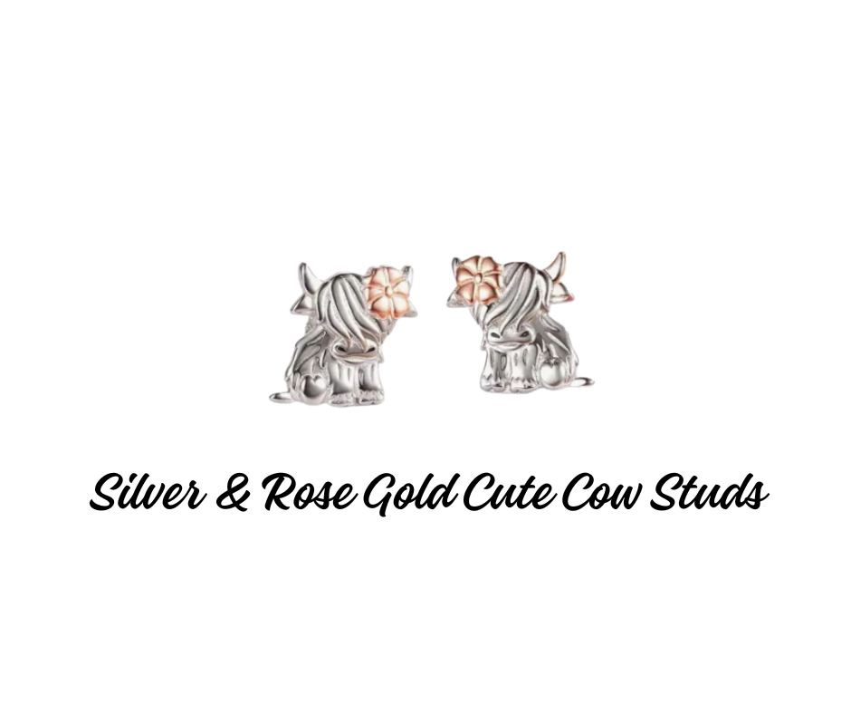 Earrings - Studs - Cute Silver & Rosegold Cow