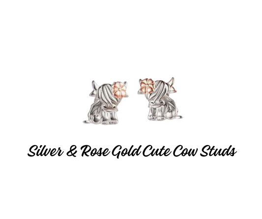 Earrings - Studs - Cute Silver & Rosegold Cow