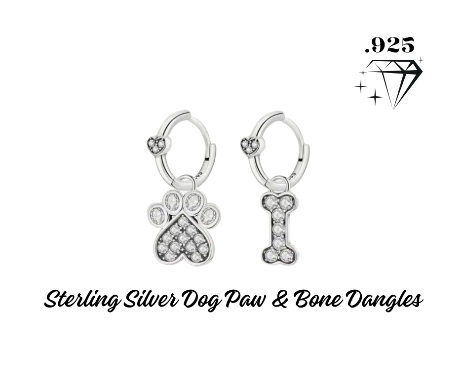 Earrings - Mini Hoop Dangles - .925 Sterling Silver Dog Paw & Bone Dangles