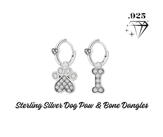 Earrings - Mini Hoop Dangles - .925 Sterling Silver Dog Paw & Bone Dangles