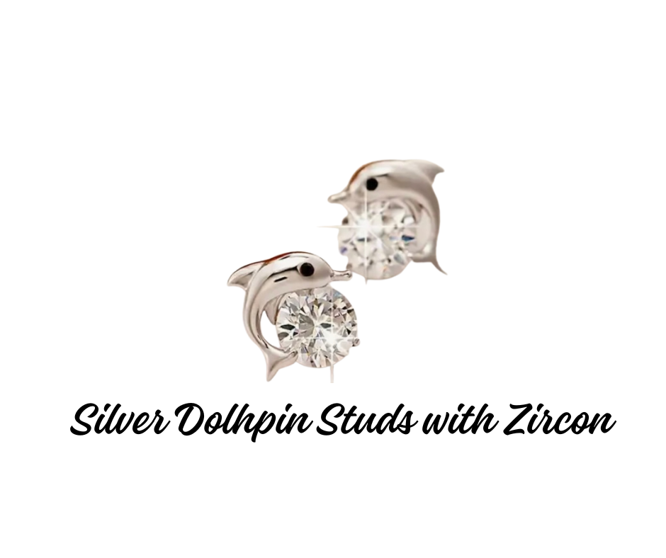 Earrings - Studs - Silver Dolphin with Clear Zircon