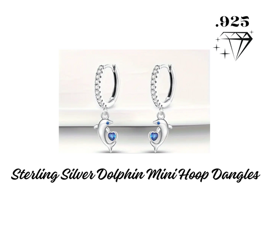 Earrings - Mini Hoop Dangles - .925 Sterling Silver Dolphin