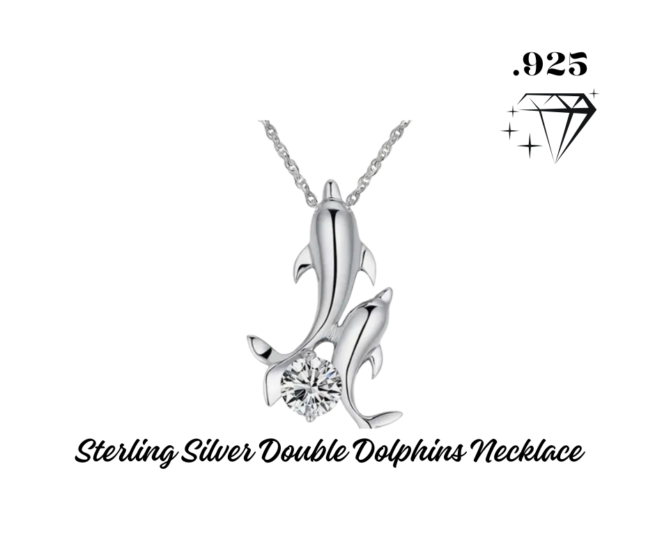 Necklace - .925 Sterling Silver Double Dolphins with Cubic Zirconia