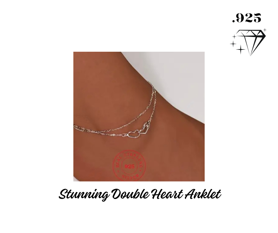 Anklet - .925 Sterling Silver Double Layer Hollow Heart Charm - Hypoallergenic