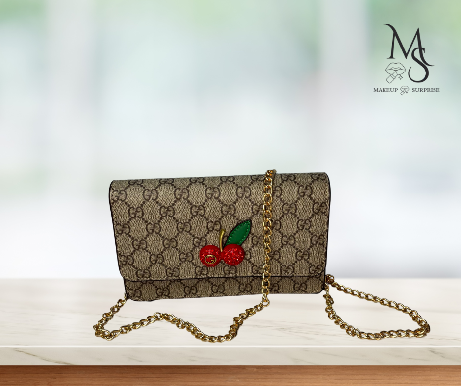 Purse - Brown Luxury Designer Inspired GG with Cherries and Gold Embellishments