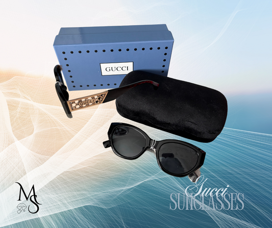 Sunglasses - GG Black Slight Cat Eye Shape with Gold Arm Design