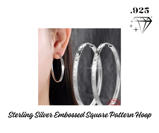 Earrings - Hoops - .925 Sterling Silver Embossed Square Pattern