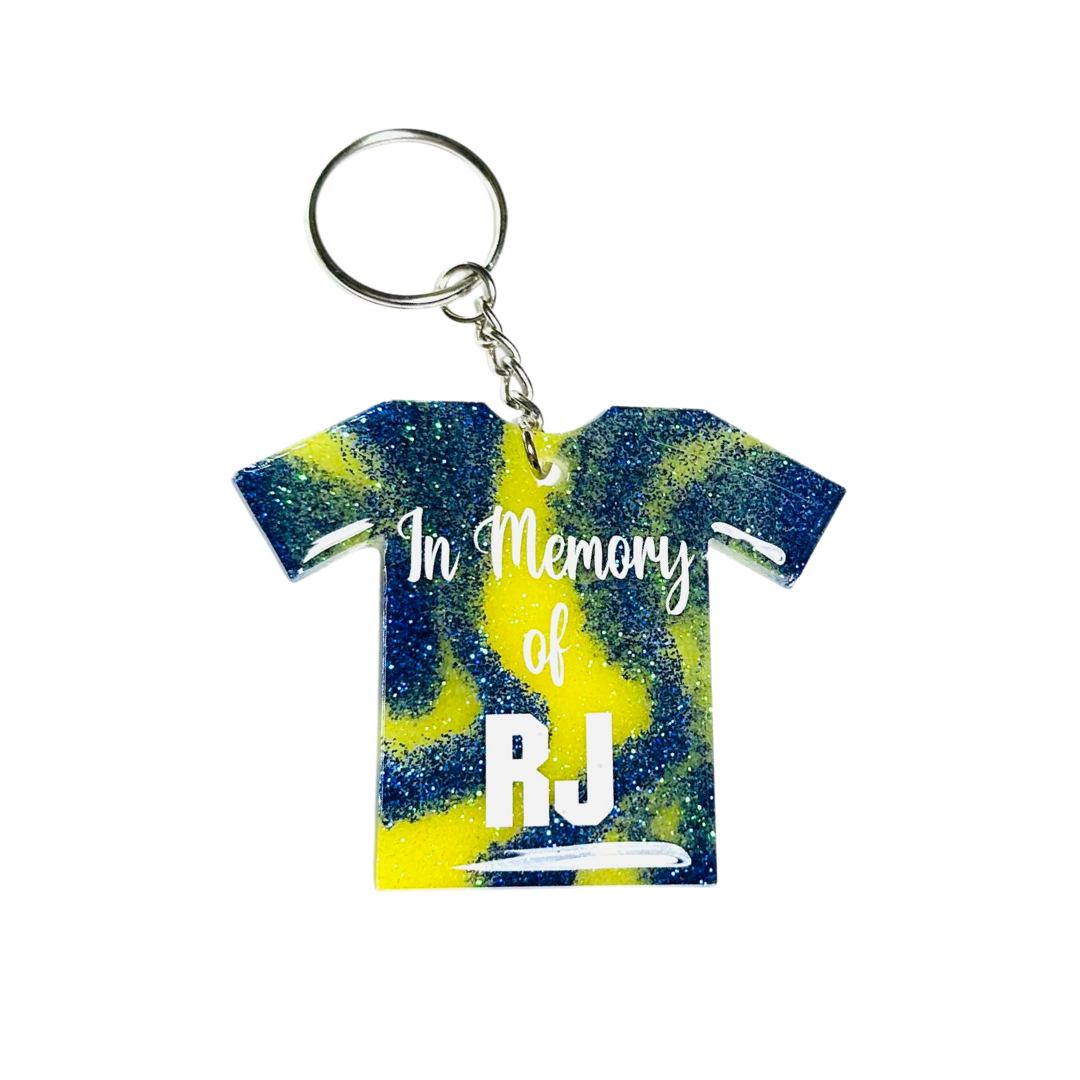 Handmade - Keychain - Resin Small Jersey - Yellow Blue Keychain with White Vinyl Lettering
