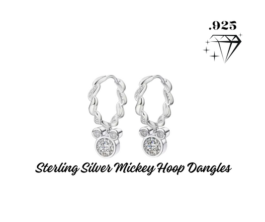 Earrings - Hoop Twist Dangles - .925 Sterling Silver Mickey Head with Zircon Decor