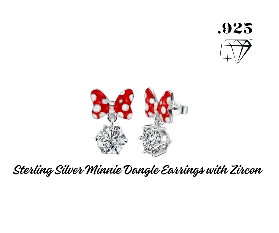 Earrings - Dangles - .925 Sterling Silver Minnie Mouse Hypoallergenic - Enamel Bow - Zircon Dangle