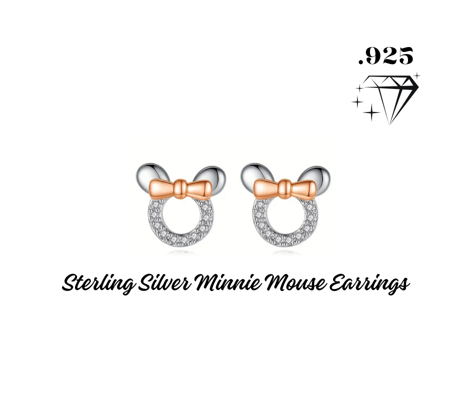 Earrings - Studs - .925 Sterling Silver Minnie Mouse with Zircon and Rose Gold Bow.