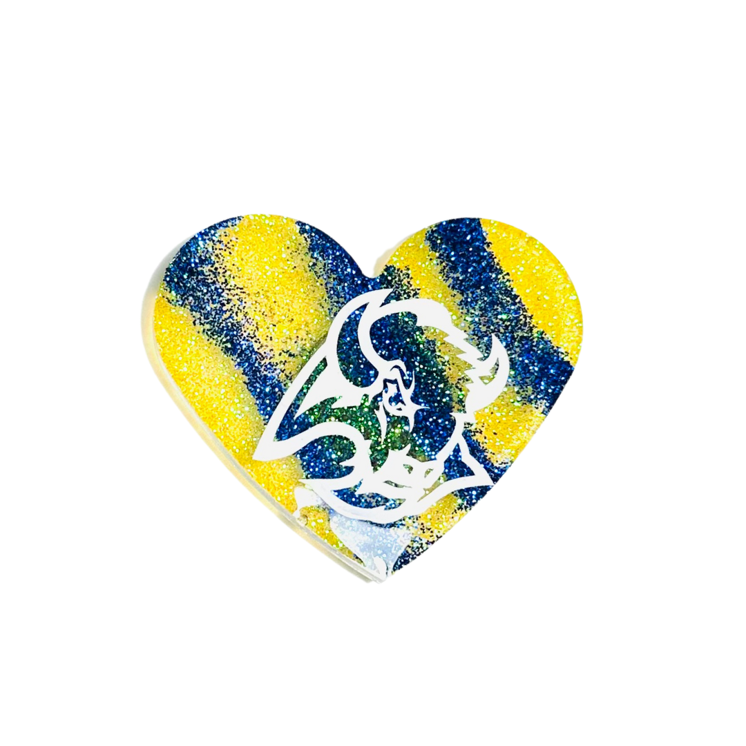 Handmade - Magnet - Resin Heart - Yellow Blue Magnet with White Vinyl Lettering