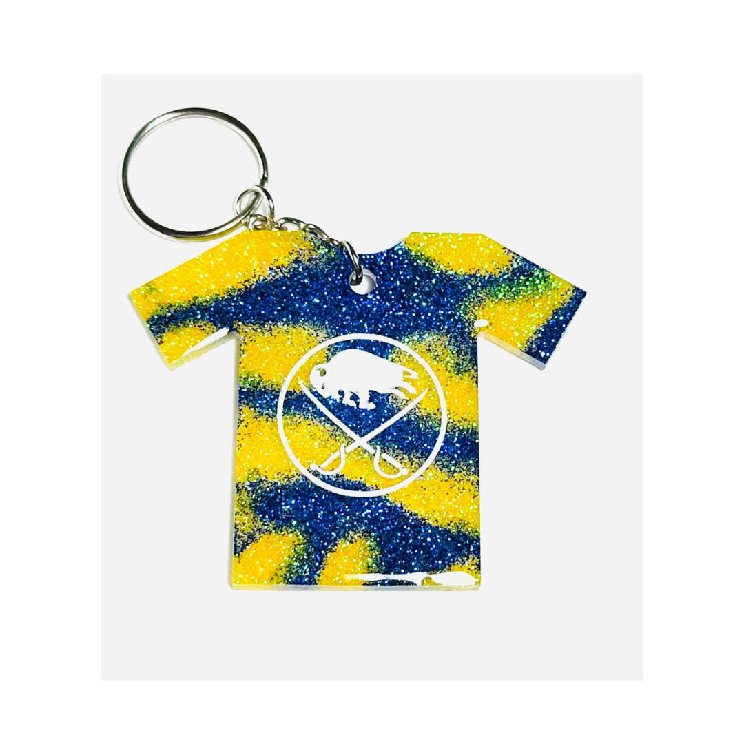 Handmade - Keychain - Resin Small Jersey - Yellow Blue Keychain with White Vinyl Lettering