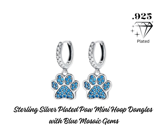 Earrings - Mini Hoop Dangles - .925 Sterling Silver Plated Paw Print with Blue Gem Mosaic
