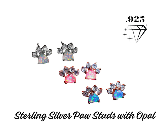 Earrings - Studs - .925 Sterling Silver Paw Print Opal Studs