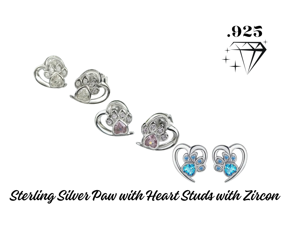 Earrings - Studs - .925 Sterling Silver Paw Print with Hollow Heart with Zircon - Hypoallergenic