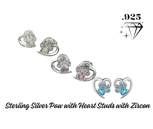 Earrings - Studs - .925 Sterling Silver Paw Print with Hollow Heart with Zircon - Hypoallergenic