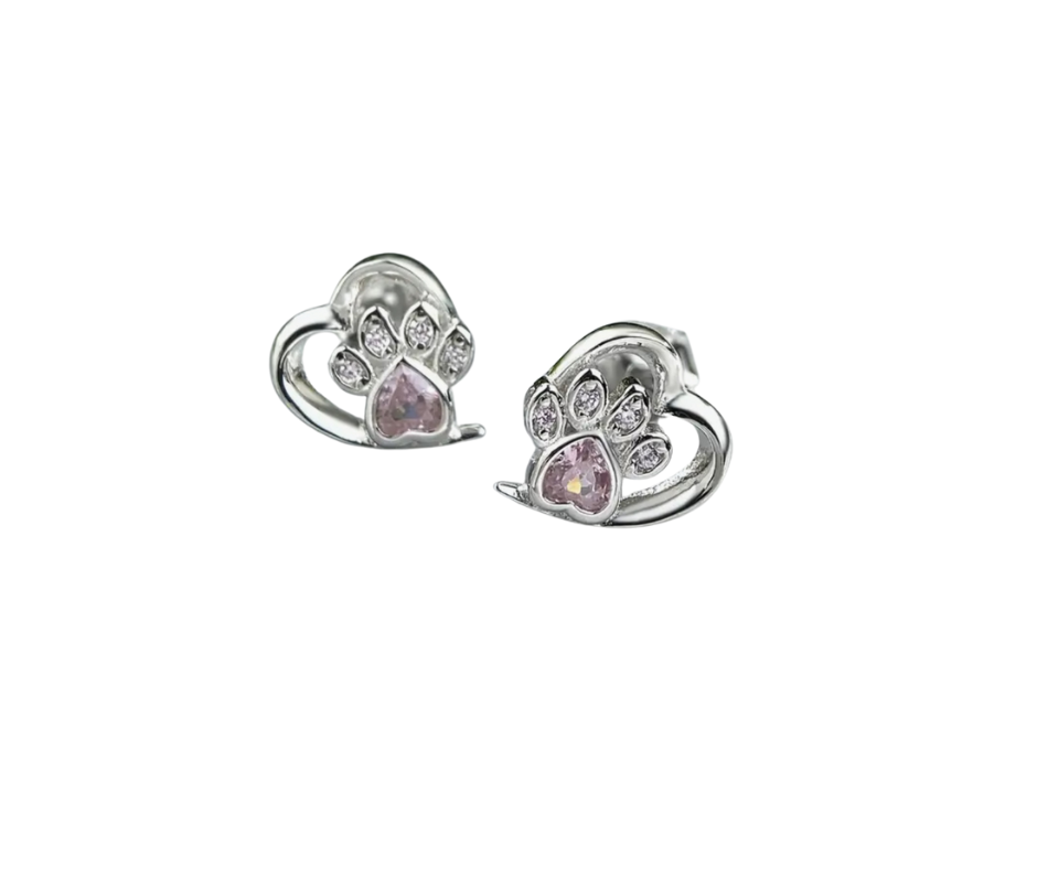 Earrings - Studs - .925 Sterling Silver Paw Print with Hollow Heart with Zircon - Hypoallergenic