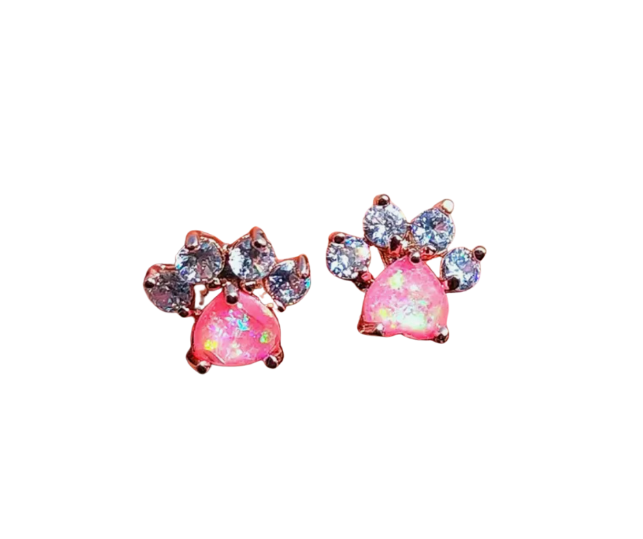 Earrings - Studs - .925 Sterling Silver Paw Print Opal Studs
