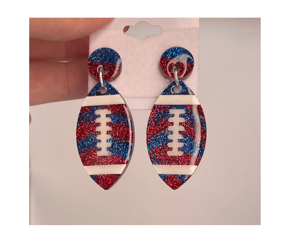 Earrings - Dangles - Epoxy Resin Hand Made .925 Sterling Silver Stud Football Earrings