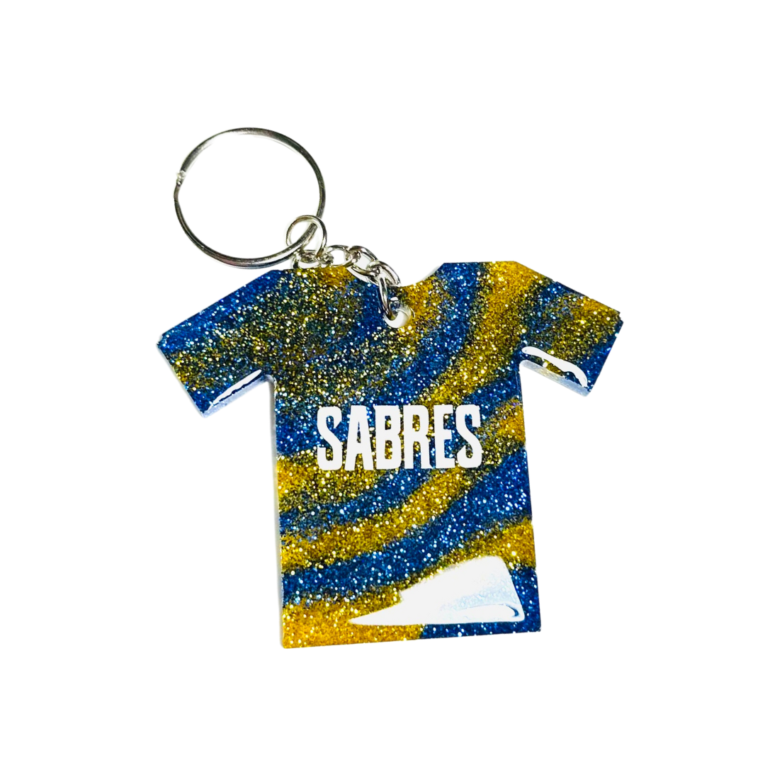 Handmade - Keychain - Resin Small Jersey - Yellow Blue Keychain with White Vinyl Lettering