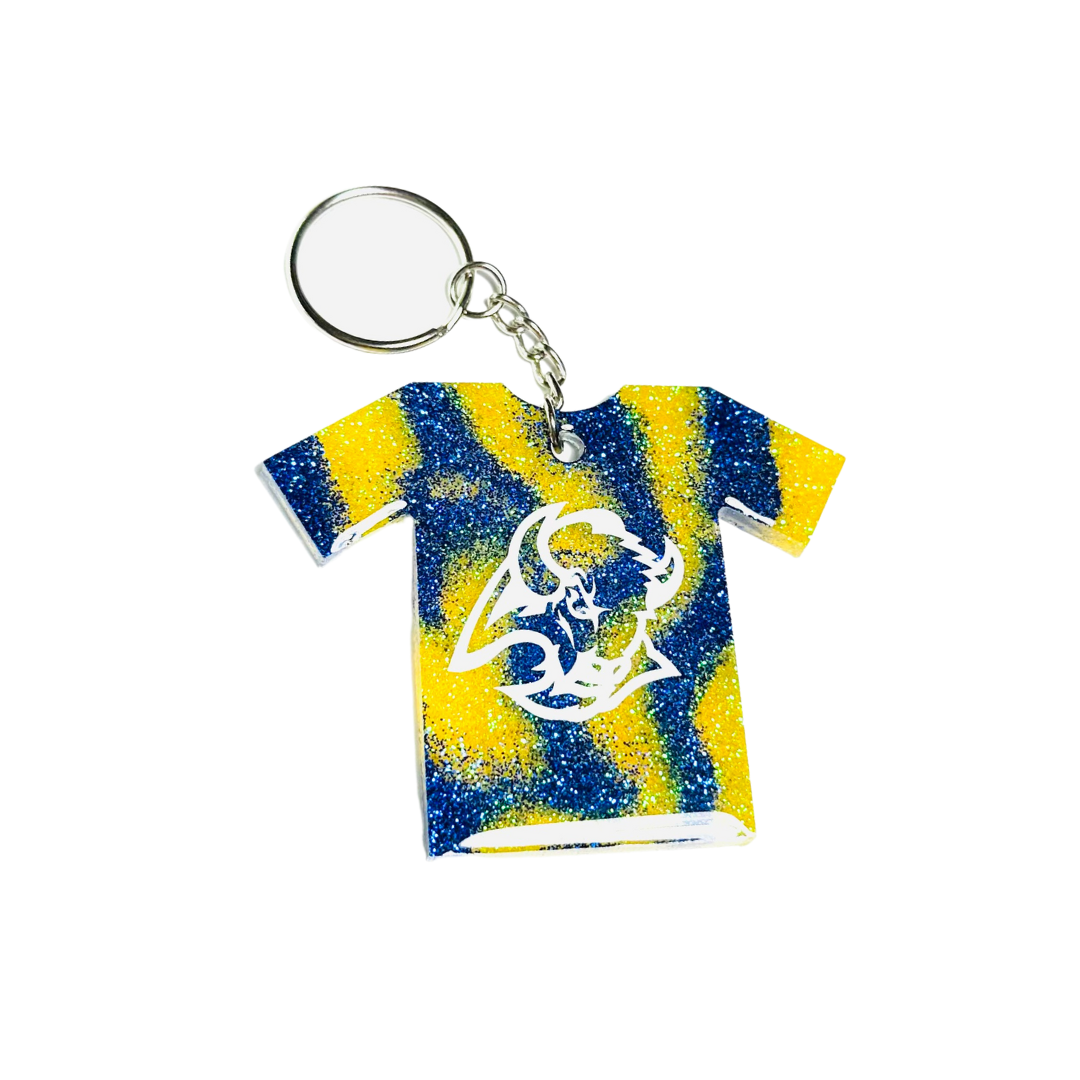 Handmade - Keychain - Resin Small Jersey - Yellow Blue Keychain with White Vinyl Lettering