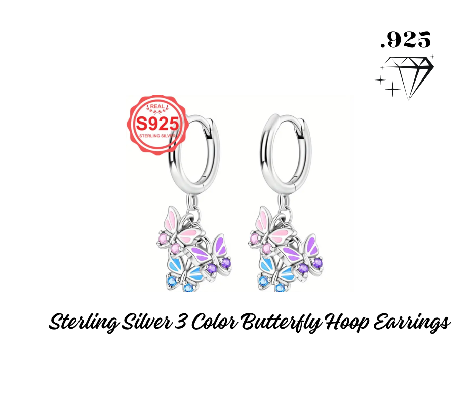 Earrings - Mini Hoop Dangle - .925 Sterling Silver 3 Color Butterflies