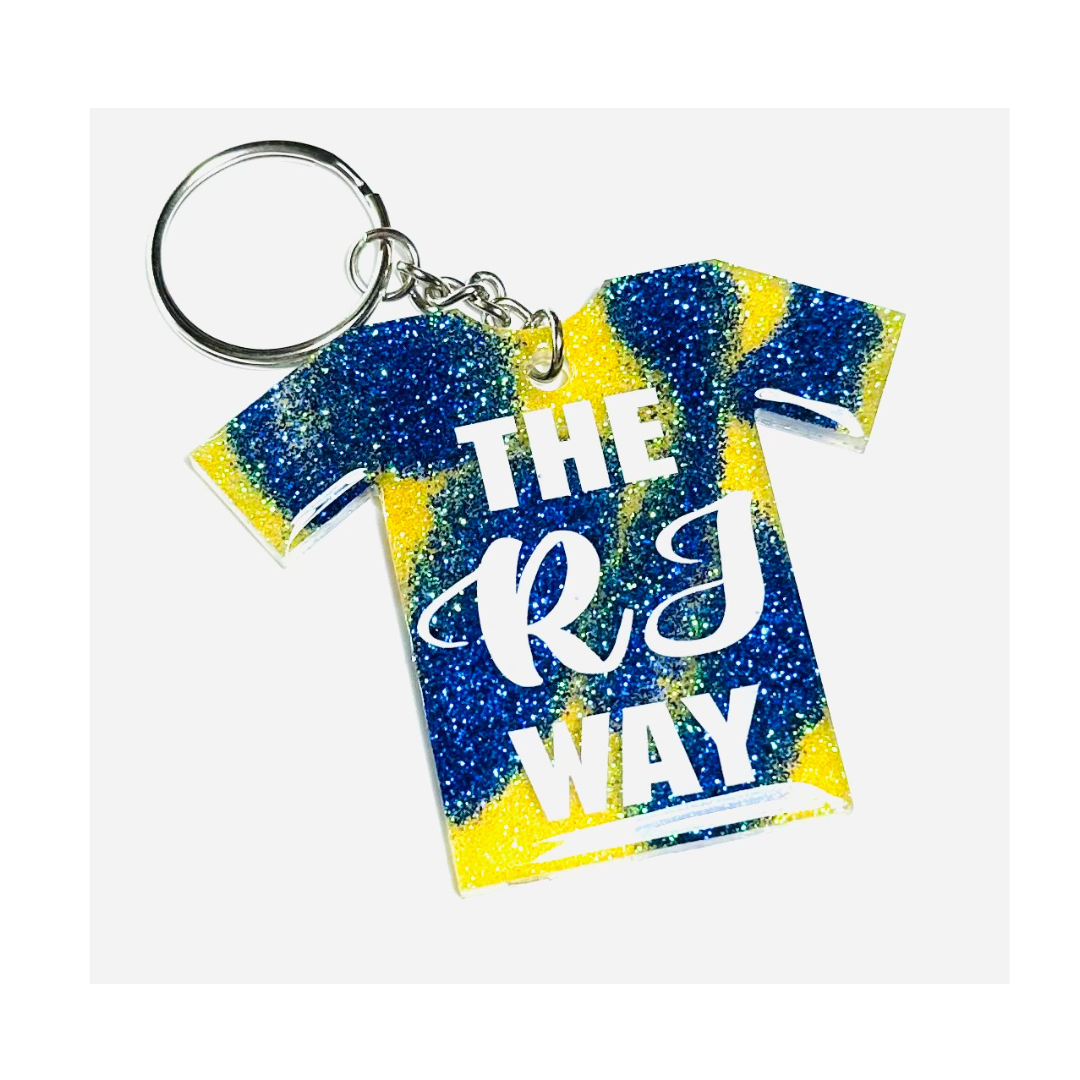 Handmade - Keychain - Resin Small Jersey - Yellow Blue Keychain with White Vinyl Lettering
