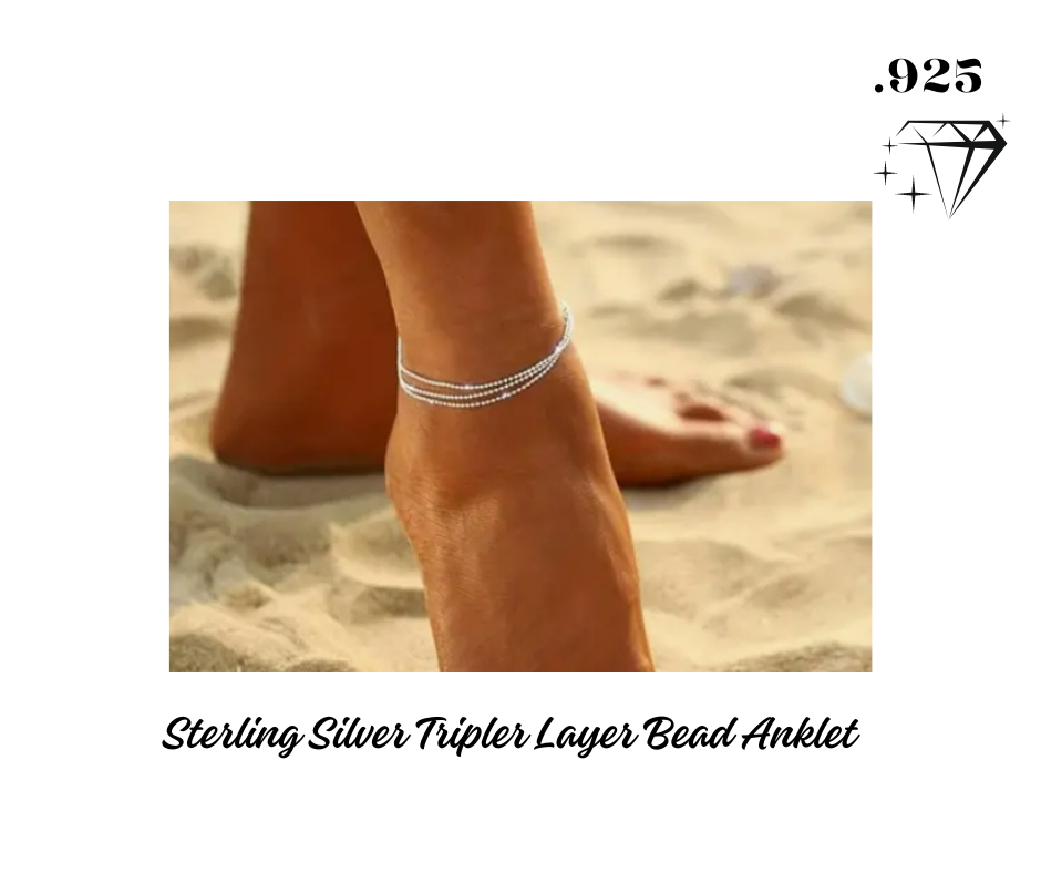 Anklet - .925 Sterling Silver 3 Layer Round Bead